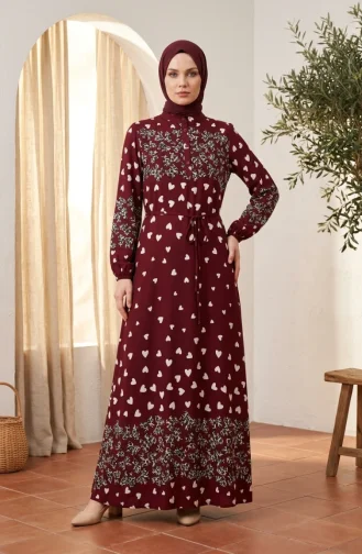 Robe Hijab En Viscose à Motif Cœur 0337-02 Bordeaux 0337-02