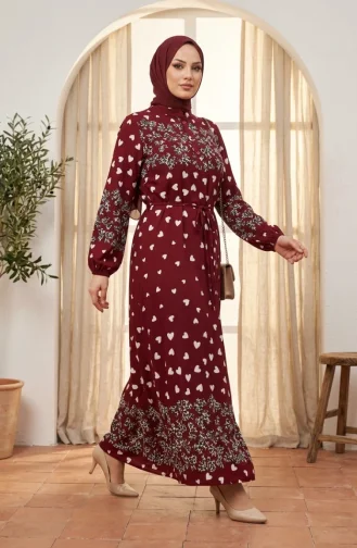 Robe Hijab En Viscose à Motif Cœur 0337-02 Bordeaux 0337-02