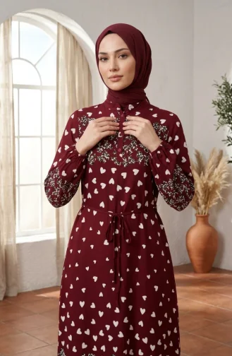 Robe Hijab En Viscose à Motif Cœur 0337-02 Bordeaux 0337-02