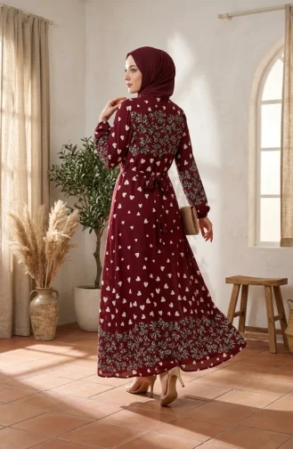 Robe Hijab En Viscose à Motif Cœur 0337-02 Bordeaux 0337-02