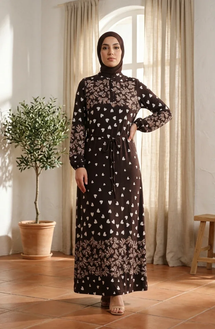 Robe Hijab En Viscose à Motif Cœur 0337-04 Marron 0337-04