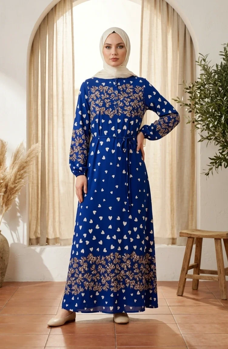 Viskose-Hijabkleid Mit Herzmuster Modell 0337-05 Marineblau 0337-05