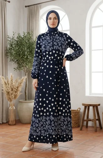فستان حجاب من قماش الفسكوز بنقشة قلوب، لون كحلي، رقم الموديل 0337-06 0337-06