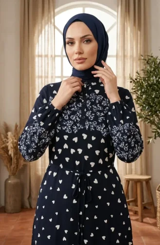 فستان حجاب من قماش الفسكوز بنقشة قلوب، لون كحلي، رقم الموديل 0337-06 0337-06