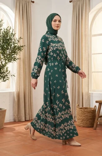 فستان حجاب من قماش الفسكوز بنقشة فيونكة 0338-02 أخضر زمردي 0338-02
