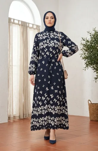 فستان حجاب من قماش الفسكوز بنقشة فيونكة، لون كحلي 0338-03 0338-03