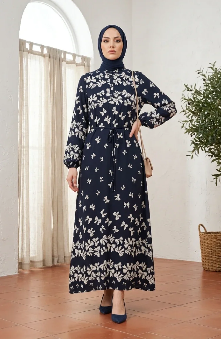 فستان حجاب من قماش الفسكوز بنقشة فيونكة، لون كحلي 0338-03 0338-03