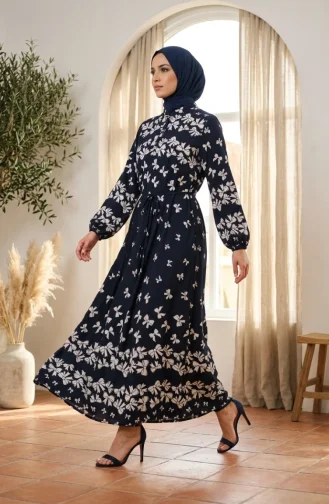 فستان حجاب من قماش الفسكوز بنقشة فيونكة، لون كحلي 0338-03 0338-03
