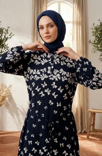 فستان حجاب من قماش الفسكوز بنقشة فيونكة، لون كحلي 0338-03 0338-03