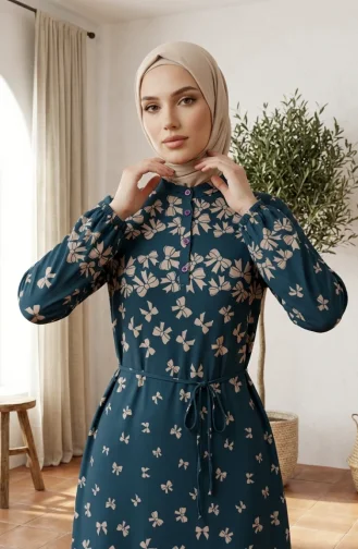 فستان حجاب من قماش الفسكوز بنقشة فيونكة 0338-04 بترولي 0338-04
