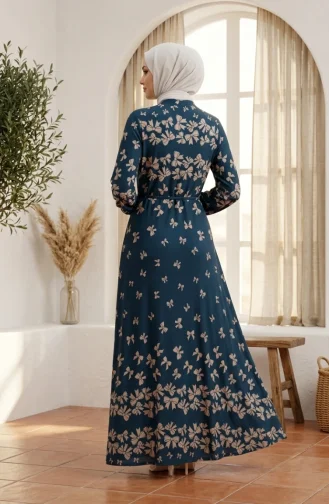 فستان حجاب من قماش الفسكوز بنقشة فيونكة 0338-04 بترولي 0338-04