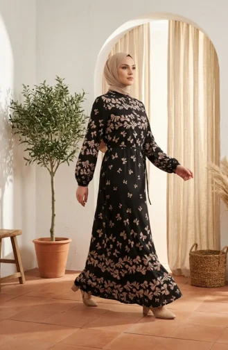 Viskon Kumaş Fiyonk Desenli Tesettür Elbise 0338-07 Siyah Vizon