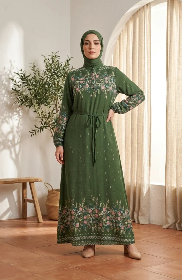 Robe Hijab En Viscose à Motif Floral Kaki 0339-01 0339-01