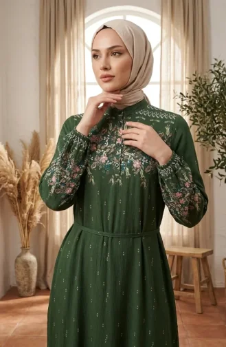 Robe Hijab En Viscose à Motif Floral Kaki 0339-01 0339-01