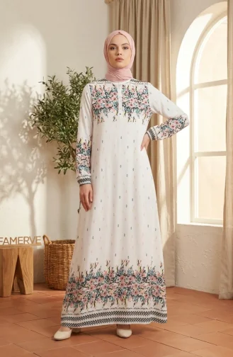 Robe Hijab En Viscose à Motif Floral Blanc 0339-02 0339-02
