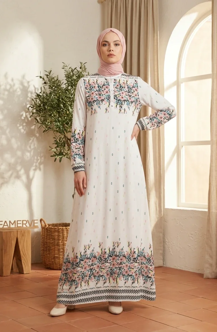 Robe Hijab En Viscose à Motif Floral Blanc 0339-02 0339-02