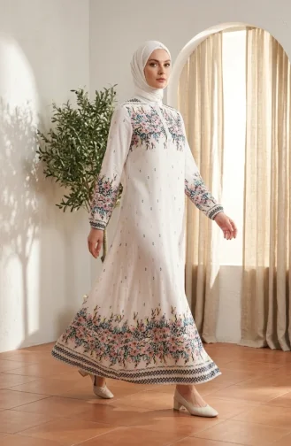 Robe Hijab En Viscose à Motif Floral Blanc 0339-02 0339-02