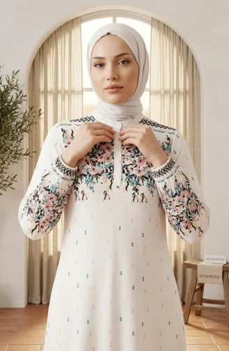 Robe Hijab En Viscose à Motif Floral Blanc 0339-02 0339-02