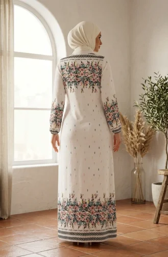 Robe Hijab En Viscose à Motif Floral Blanc 0339-02 0339-02