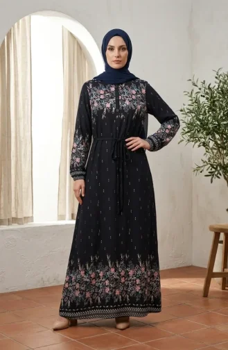 فستان حجاب من قماش الفسكوز بنقشة زهور، 0339-03، أزرق داكن 0339-03