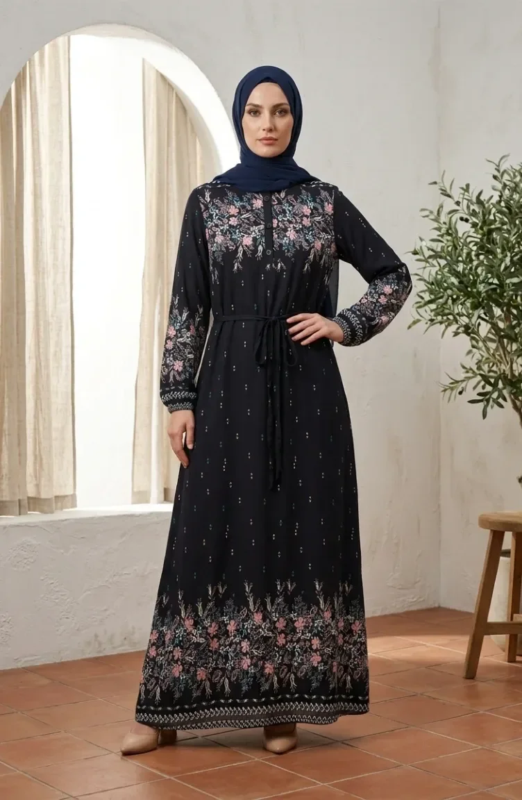 فستان حجاب من قماش الفسكوز بنقشة زهور، 0339-03، أزرق داكن 0339-03