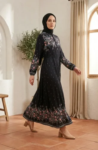 فستان حجاب من قماش الفسكوز بنقشة زهور، 0339-03، أزرق داكن 0339-03