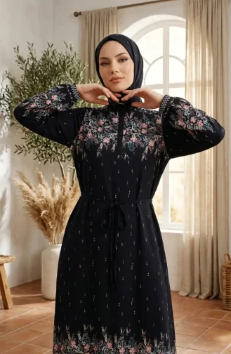 فستان حجاب من قماش الفسكوز بنقشة زهور، 0339-03، أزرق داكن 0339-03
