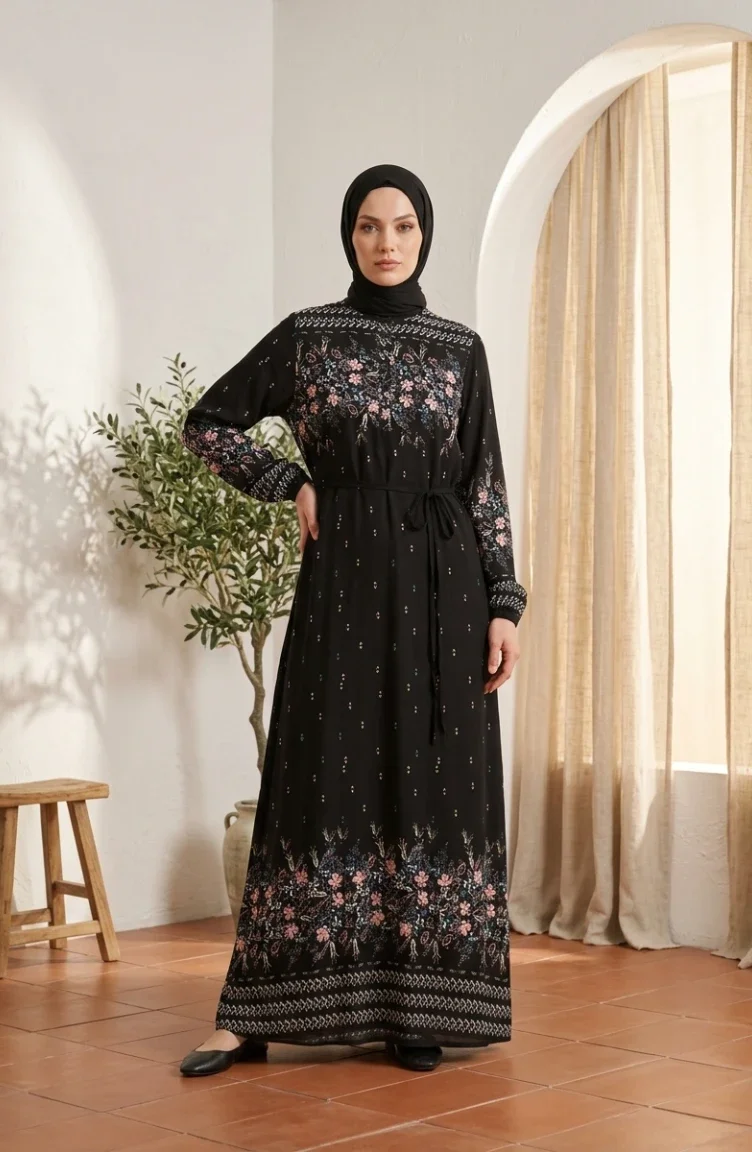 Viskose-Hijab-Kleid Mit Blumenmuster 0339-04 Schwarz 0339-04
