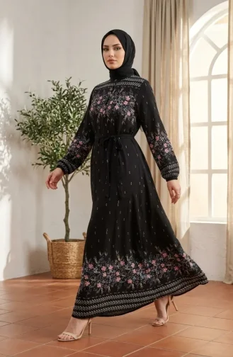 Viskose-Hijab-Kleid Mit Blumenmuster 0339-04 Schwarz 0339-04