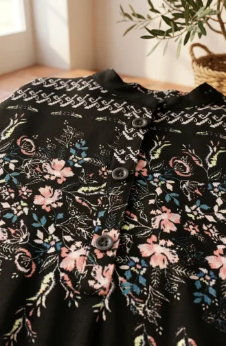 Viskose-Hijab-Kleid Mit Blumenmuster 0339-04 Schwarz 0339-04