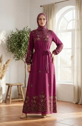 Robe Hijab En Viscose à Motif Floral 0340-01 Prune 0340-01