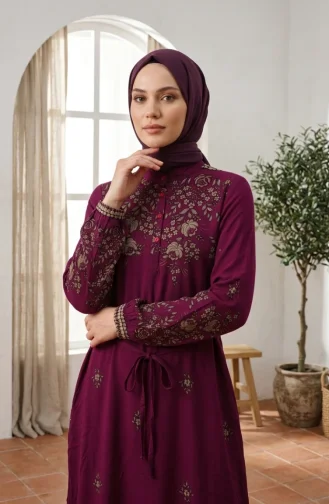 Robe Hijab En Viscose à Motif Floral 0340-01 Prune 0340-01