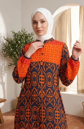 فستان حجاب من قماش الفسكوز بنصف أزرار ونقوش 0341-01 برتقالي كحلي 0341-01