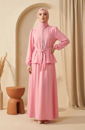 Taşlı Fermuarlı Kuşaklı Tesettür ikili Takım 0335-05 Pembe