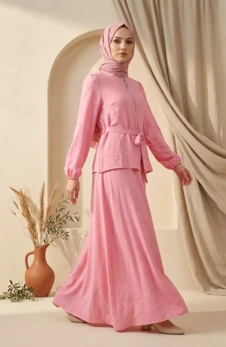 Taşlı Fermuarlı Kuşaklı Tesettür ikili Takım 0335-05 Pembe