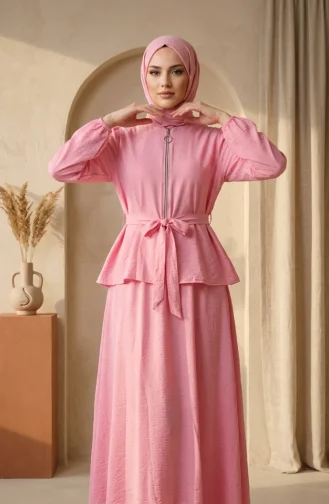 Taşlı Fermuarlı Kuşaklı Tesettür ikili Takım 0335-05 Pembe