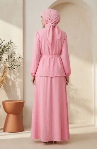 Taşlı Fermuarlı Kuşaklı Tesettür ikili Takım 0335-05 Pembe