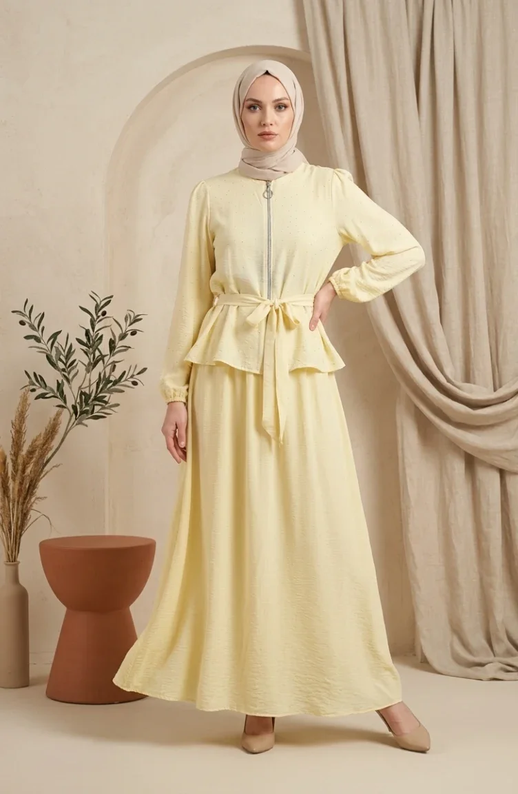 طقم حجاب من قطعتين مزين بالأحجار، مزود بسحاب وحزام، لون أصفر 0335-06 0335-06