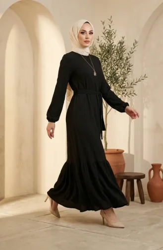 Robe Hijab En Tissu à Bulles Avec Collier Et Ceinture 0575-01 Noir 0575-01