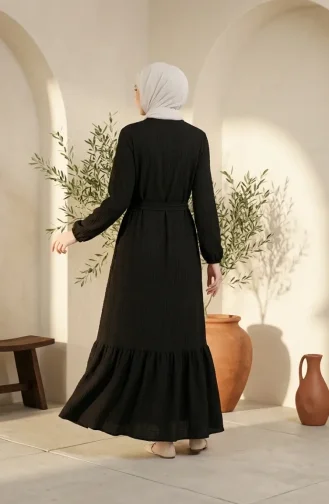 Robe Hijab En Tissu à Bulles Avec Collier Et Ceinture 0575-01 Noir 0575-01