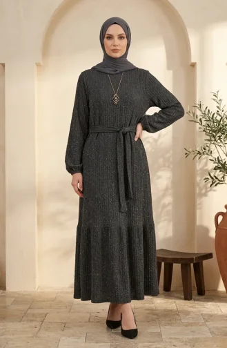 Robe Hijab En Tissu à Bulles Avec Détail De Collier Et Ceinture 0575-02 Anthracite 0575-02