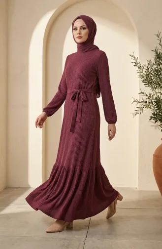 Robe Hijab En Tissu à Bulles Avec Collier Et Ceinture 0575-04 Prune 0575-04