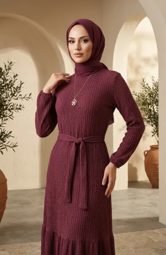 Robe Hijab En Tissu à Bulles Avec Collier Et Ceinture 0575-04 Prune 0575-04