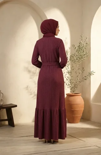 Robe Hijab En Tissu à Bulles Avec Collier Et Ceinture 0575-04 Prune 0575-04