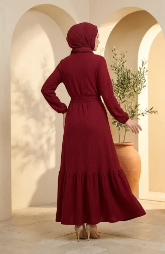 Buble Kumaş Kolye Detaylı Kuşaklı Tesettür Elbise 0575-05 Bordo