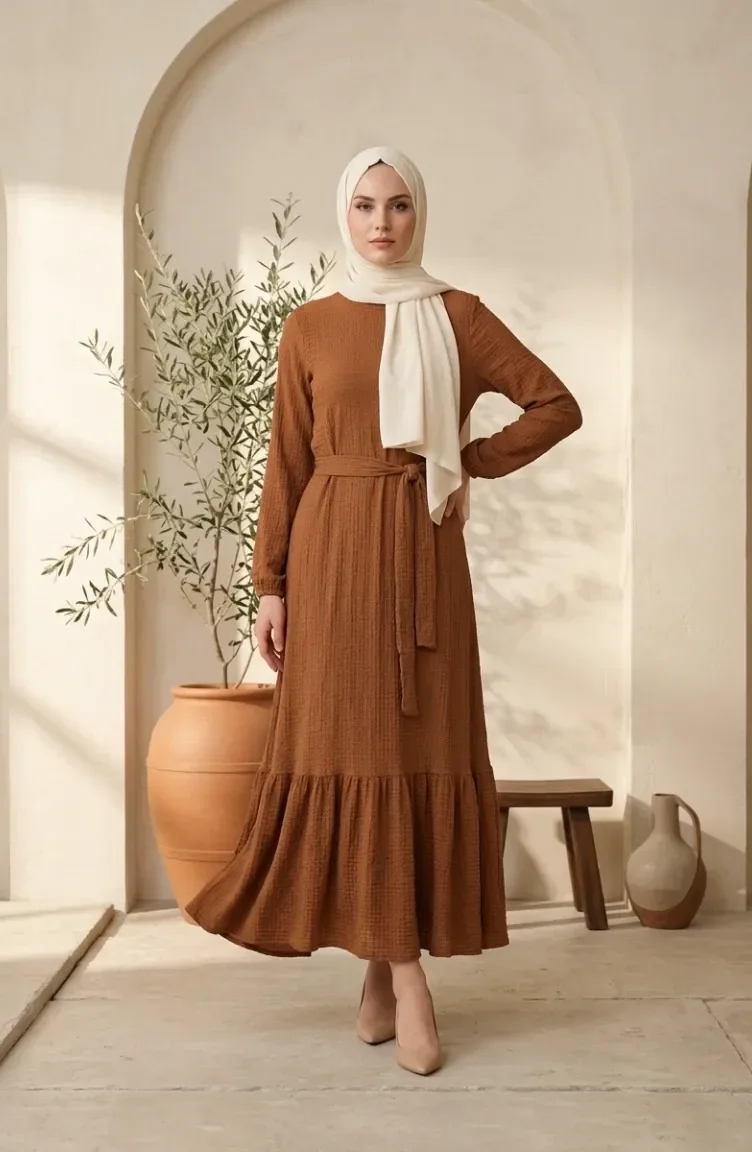Robe Hijab En Tissu à Bulles Avec Collier Et Ceinture 0575-08 Beige 0575-08