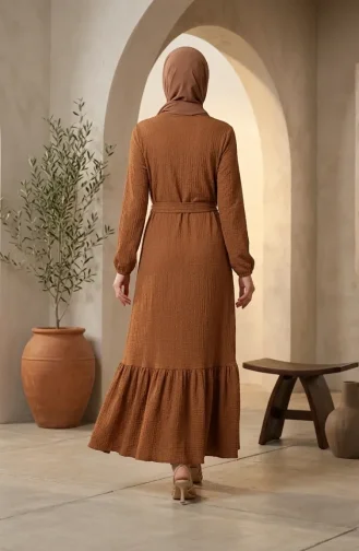 Robe Hijab En Tissu à Bulles Avec Collier Et Ceinture 0575-08 Beige 0575-08