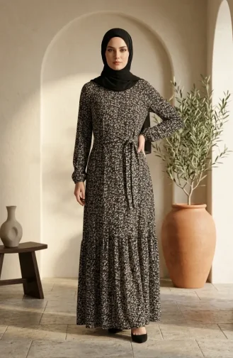 Kleid Mit Gürtel Aus Crêpe-Stoff Geblümt Gemustert Hijab 0580-01 Schwarzer Nerz 0580-01