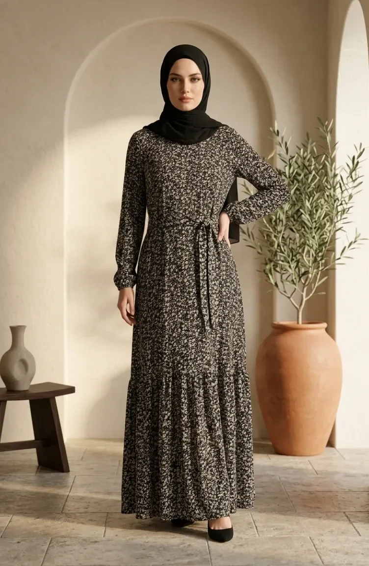 Kleid Mit Gürtel Aus Crêpe-Stoff Geblümt Gemustert Hijab 0580-01 Schwarzer Nerz 0580-01
