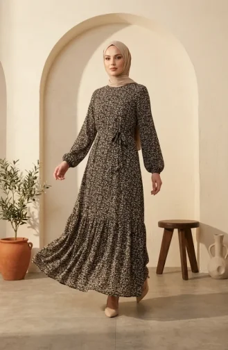 Kleid Mit Gürtel Aus Crêpe-Stoff Geblümt Gemustert Hijab 0580-01 Schwarzer Nerz 0580-01